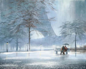 情侶在艾菲爾鐵塔附近的雪地長椅上撐傘 — 冬季美學 壁紙