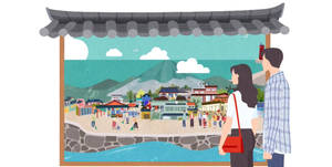 情侶欣賞色彩繽紛的韓國沿海村莊插圖場景。 — 車銀優 GIF 壁紙