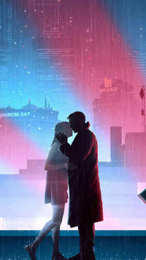 情侶在夜晚霓虹燈下雨中接吻。 — 粉紅色 壁紙