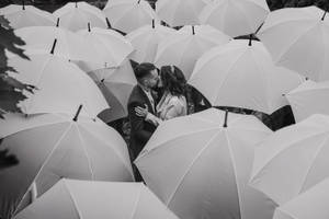 一對情侶在白色雨傘的田野中黑白接吻。 — 美學愛情 壁紙