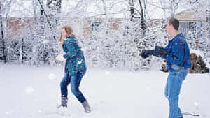 一名男子和一名女子在雪地庭院中嬉戲地扔雪球。 — 可愛的雪 壁紙