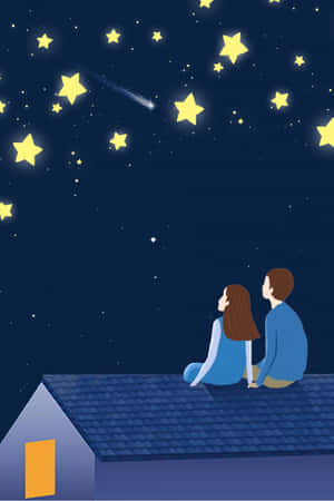 情侶在屋頂上觀看星星和流星（夜晚） — 夜晚 壁紙