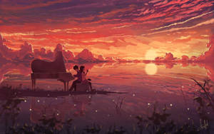一對情侶坐在湖邊夕陽下的三角鋼琴旁，倒映在平靜的水面上。 — 動漫愛情 GIF 壁紙