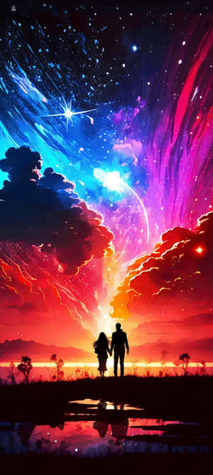 在黃昏時分，池塘倒映著充滿活力的宇宙天空，一對情侶剪影手牽手。 — 20:9 壁紙