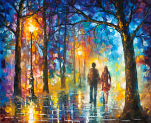 一對情侶在雨夜走在街燈下，周圍是色彩繽紛的樹木。 — 彩虹美學 壁紙