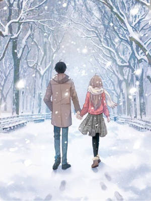 兩個人在雪地公園裡手牽手一起散步。