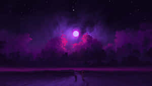 兩人在夜間紫色沙漠中，在發光的月亮下手牽手行走。 — 光線 壁紙