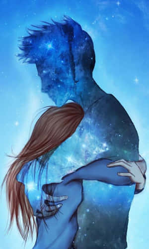 一對情侶在繁星點點的藍天下擁抱，身體內部有星系圖案。 — 海灘 壁紙