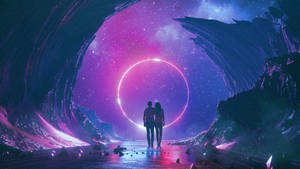 兩個人站在一個被外星岩石 formations 包圍的宇宙隧道中，面向一個發光的環。 — 高畫質月亮 壁紙