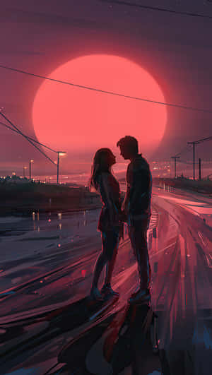 情侶在夜晚濕漉漉的城市街道上，在巨大的紅太陽下牽手。 — 夕陽天空 壁紙