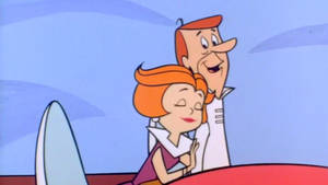 橙色頭髮的卡通情侶在紅色汽車裡微笑。 — 卡通 壁紙