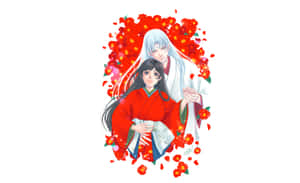 穿著傳統服飾的動漫情侶被紅花環繞。 — 乾淨 壁紙