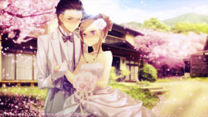 春天櫻花下穿著婚禮服裝的動漫情侶。 — 婚禮 壁紙