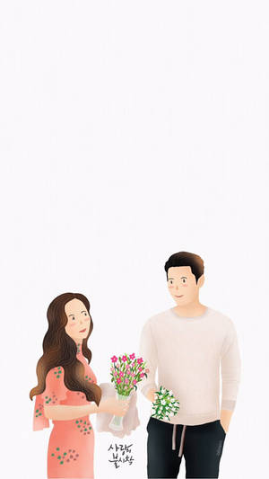 一對情侶在溫柔的插畫場景中手持花朵。 — 愛的迫降 壁紙