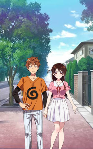 動漫男孩和女孩在陽光明媚的人行道上牽手，周圍有綠樹和房屋。 — 出租女友 壁紙
