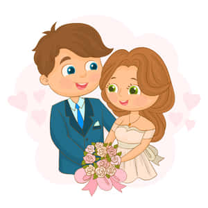 開心的卡通新郎新娘手持粉紅玫瑰花束和漂浮的心形。 — 婚禮 壁紙