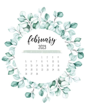 2023年2月月曆，周圍環繞著水彩風格的綠色尤加利葉。