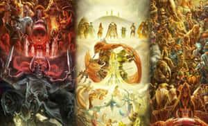 三聯畫奇幻場景，有惡魔、英雄、天使和神話生物 — 薩爾達 壁紙