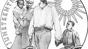 一個四口之家在陽光下向前行走，邊緣有「JUNETEENTH」文字。 — 六月节 壁紙