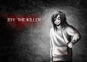 Jeff the Killer 在深色紋理背景上拿著一把刀，帶有紅色飛濺和他的白色名字。 — 惡夢佛萊迪 壁紙