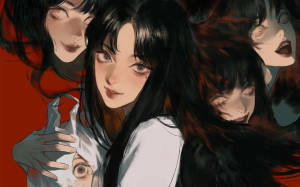 黑髮動漫女孩被幽靈面孔包圍，紅色背景