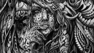 一幅詳細的黑白數位插圖，描繪一個怪獸般的面孔，帶有複雜的漩渦圖案。 — 暗黑美學電腦 壁紙