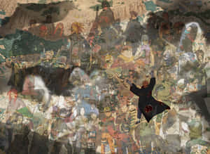 來自Naruto的動漫角色在分層拼貼畫中，其中一個人物向前跳躍。 — 漩渦鳴人 壁紙