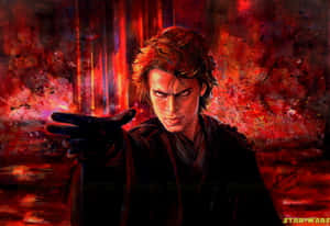 Anakin Skywalker 在紅色燈光場景中，帶著兇猛的表情向前指。