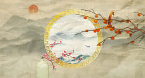 梅花和柿子枝上的鳥兒，置於圓形金色畫框中，上方是煙霧繚繞的山巒和紅日。 — 日式 壁紙