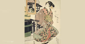 傳統日本版畫中，穿著圖案和服的藝妓站在燈籠和木桶旁。 — 日式自然壁紙