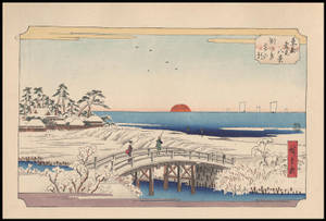 在傳統日本版畫中，兩人在日落時分越過雪橋，位於沿海村莊之上。 — 日式 壁紙
