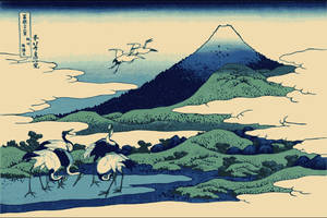 日本木版畫風格，背景有富士山的河邊鶴。 — 日式 壁紙