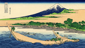 兩艘載人的船隻在波濤洶湧的海面上航行，靠近一個村莊，遠處有富士山。 — 民間藝術 壁紙