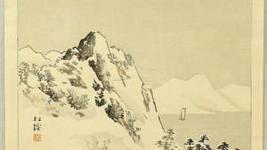 傳統日本水墨畫風格中，積雪山峰、松樹和靜水上的帆船。 — 日式 壁紙