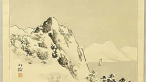 傳統日本水墨畫中的雪山，上有松樹，平靜的水面上有一艘帆船。 — 日式 壁紙