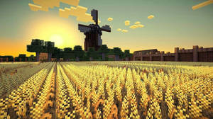 Minecraft風車在日落時分矗立在金色麥田和樹木之上。