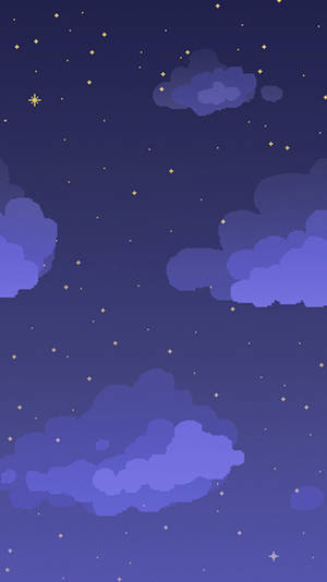 像素藝術夜空，帶有紫色雲朵和金色星星。 — 深色手機 壁紙