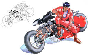 動漫賽車手身穿紅色裝備騎著紅色機車，後面有鉛筆草圖。 — 阿基拉 壁紙