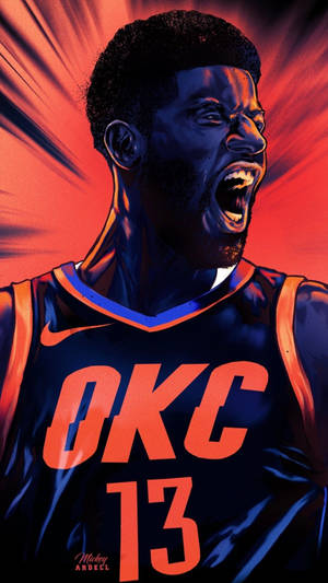 身穿OKC球衣的籃球運動員在火紅背景下咆哮。 — 保羅·喬治 壁紙