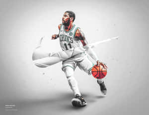 凱里·厄文身穿塞爾提克球衣運球，伴隨著碎裂的Nike勾勾圖案。 — 凱里·厄文 壁紙