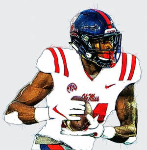 身穿白色球衣手持橄欖球的奧萊密斯橄欖球運動員。 — Dk Metcalf 壁紙
