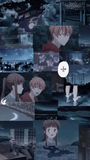 動漫角色和帶有月亮及燈串的夜景。 — 拼貼 壁紙