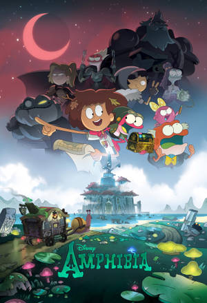 Amphibia 動畫角色在紅色彎月下飛越沼澤，城堡和發光蘑菇。 — 奇幻沼澤 壁紙