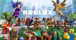Roblox 虛擬角色聚集在城市公園，背景有摩天大樓。 — 酷炫 Roblox 壁紙