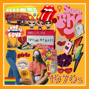 一幅以1970年代為主題的拼貼畫，描繪了一個吹泡泡糖的女孩，周圍環繞著復古圖標和流行文化符號。 — 洛米安傳奇 壁紙