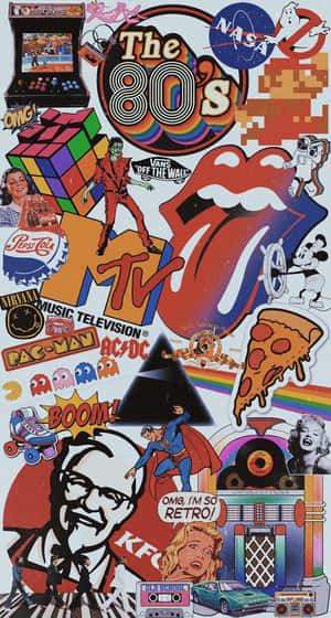一幅色彩繽紛的1980年代復古拼貼畫， featuring 流行文化圖標如MTV、小精靈和披薩。 — 紅色美學 iPhone 壁紙