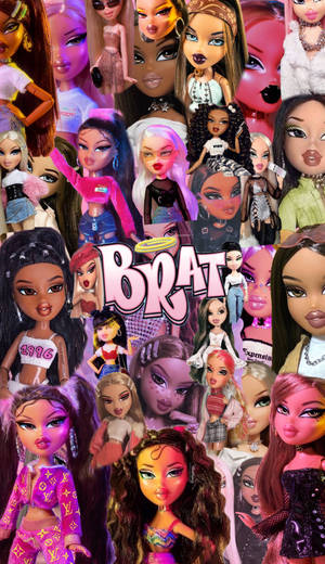 Bratz娃娃穿著色彩繽紛的服裝，妝容大膽，中央有「BRAT」字樣。 — Bratz 美學 GIF 壁紙