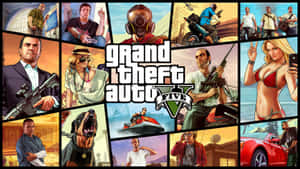 Grand Theft Auto V宣傳拼貼畫，包含角色和車輛。 — 超級瑪利歐兄弟大亂鬥 壁紙