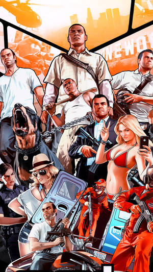 GTA角色，包括羅威納犬、武裝男子和一名比基尼女郎的城市場景。 — 電玩遊戲 GIF 壁紙