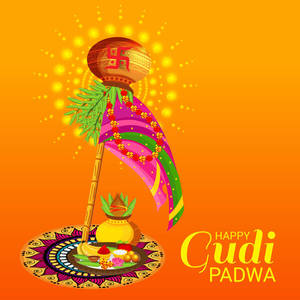 Gudi Padwa節日問候，裝飾柱子和圖案墊子上的供品。 — 快樂的豐收節 壁紙
